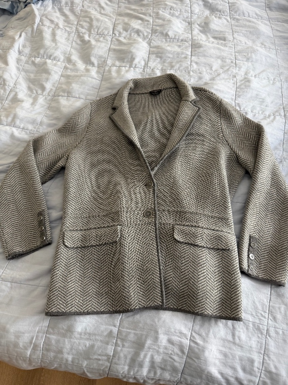 Talbots Pure Merino Wool Gray Herringbone Sweater Blazer
